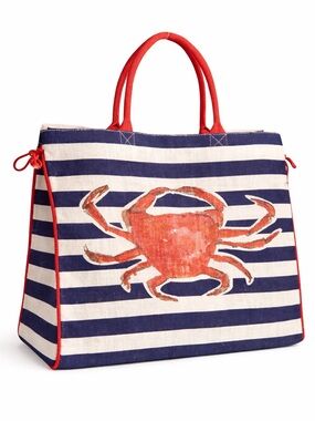 Mud Pie Martha’s Vineyard Jute Tote Bag Navy Red Crab Striped